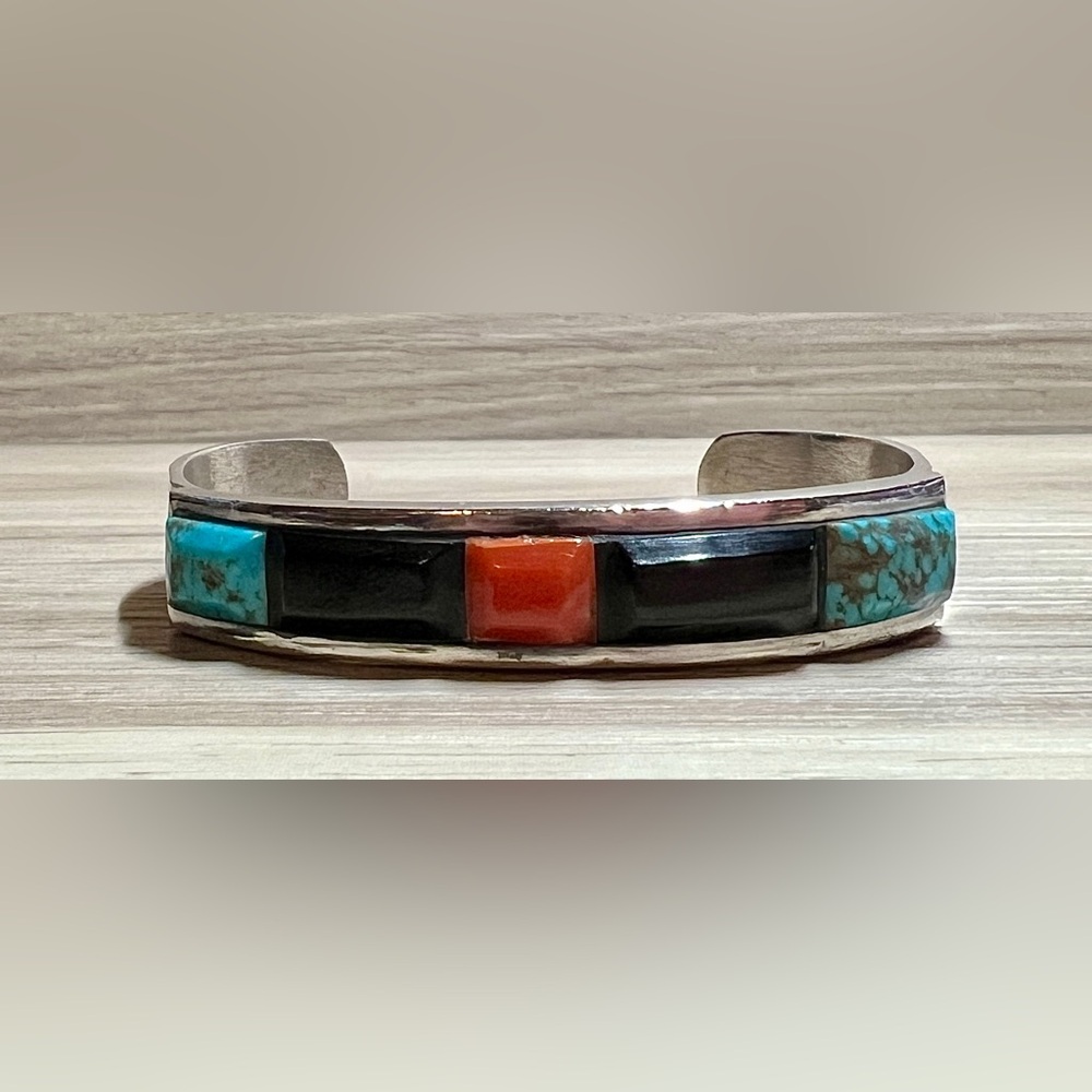 Vintage Handmade Navajo Sterling Silver Multi Gemstone Cobblestone Cuff Bracelet